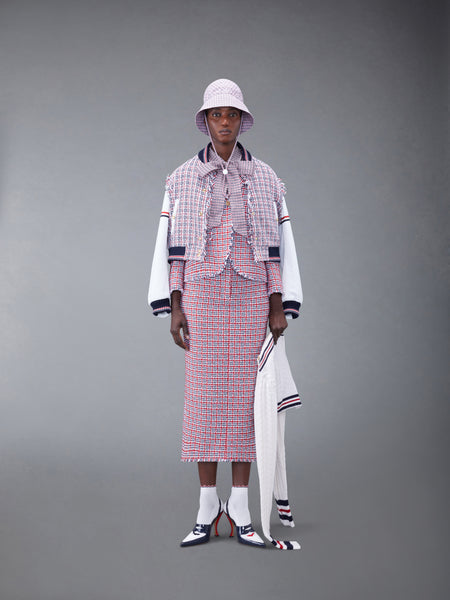 CHECK SUMMER TWEED FRAY MAXI LOW RISE PENCIL SKIRT RWBWHT