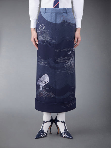 Wool Flannel Stitch Detail Calf Length Sack Skirt DEEP BLUE