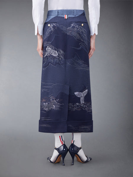 Wool Flannel Stitch Detail Calf Length Sack Skirt DEEP BLUE