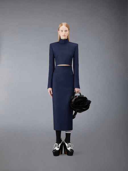 FLANNEL BUTTON BACK PENCIL SKIRT NAVY