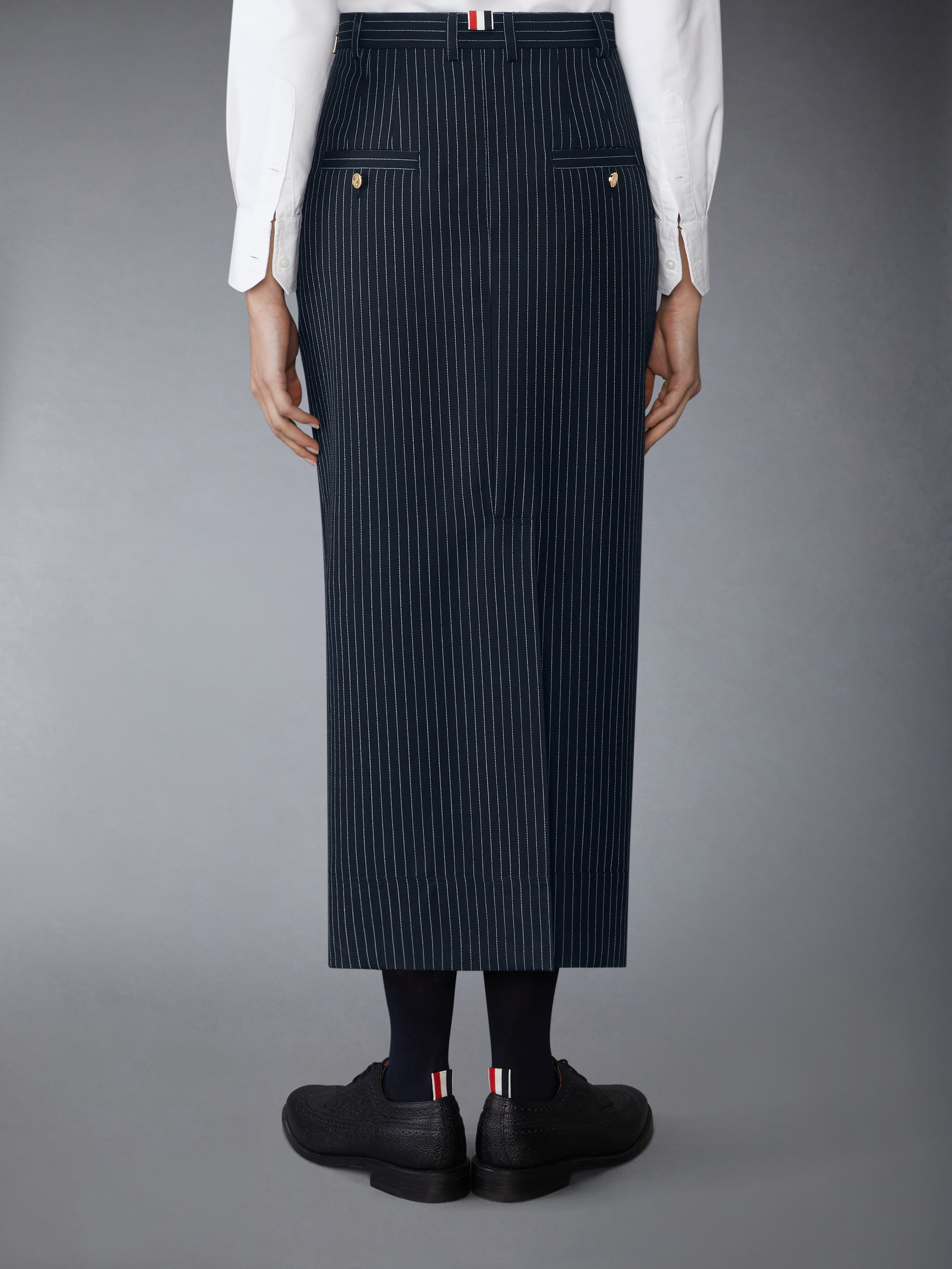 スカート Thom Browne Navy blue pinstriped pencil skirt Pinstripe High Twist Wool High Waisted Pencil Skirt | Thom
