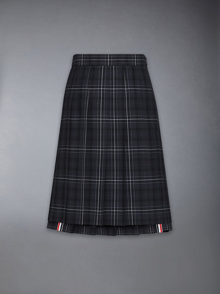 WINDOWPANE PLAID COOL WOOL PLEATED SKIRT BLACK