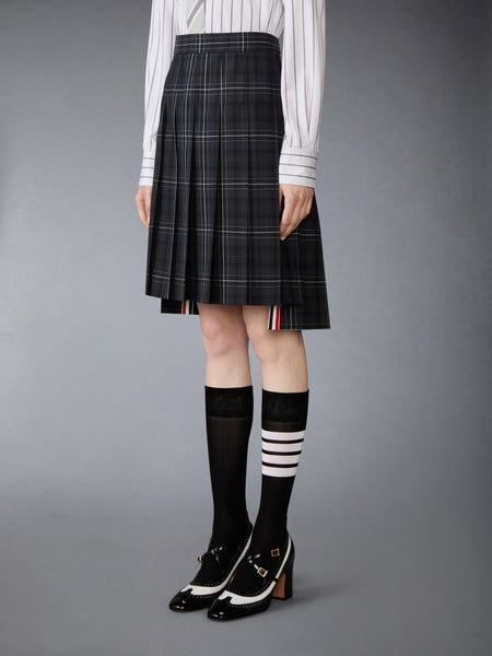WINDOWPANE PLAID COOL WOOL PLEATED SKIRT BLACK
