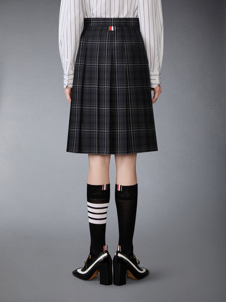 WINDOWPANE PLAID COOL WOOL PLEATED SKIRT BLACK
