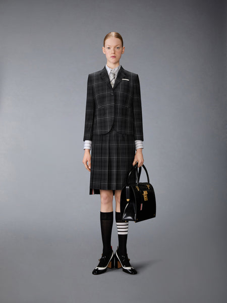 WINDOWPANE PLAID COOL WOOL PLEATED SKIRT BLACK