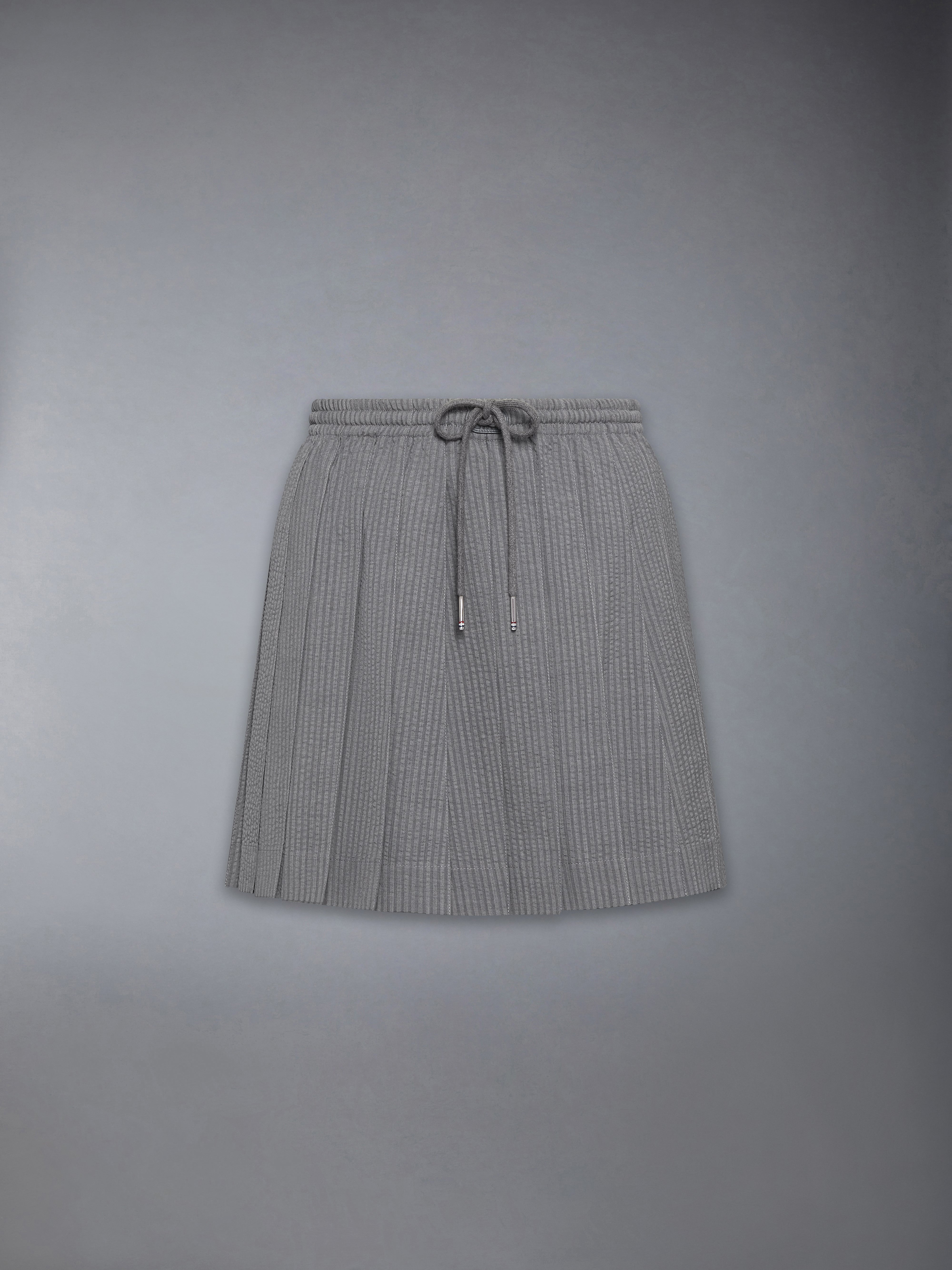 新品 HOLIDAY WOOL DRAWSTRINGS 2TUCK SKIRT Wool Seersucker Drawstring Pleated Mini Skirt | Thom Browne