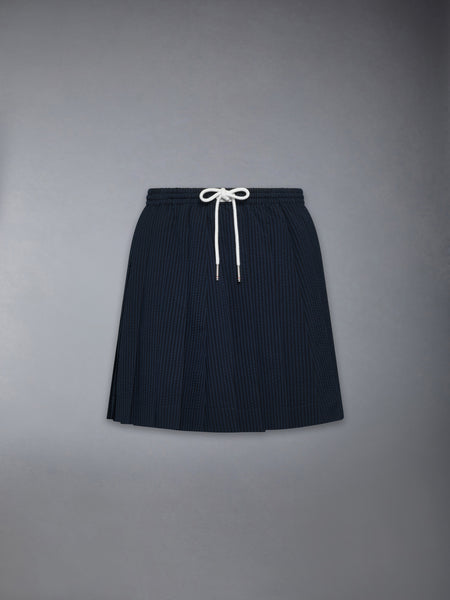 WOOL SEERSUCKER DRAWSTRING PLEATED MINI SKIRT NAVY