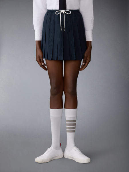 WOOL SEERSUCKER DRAWSTRING PLEATED MINI SKIRT NAVY