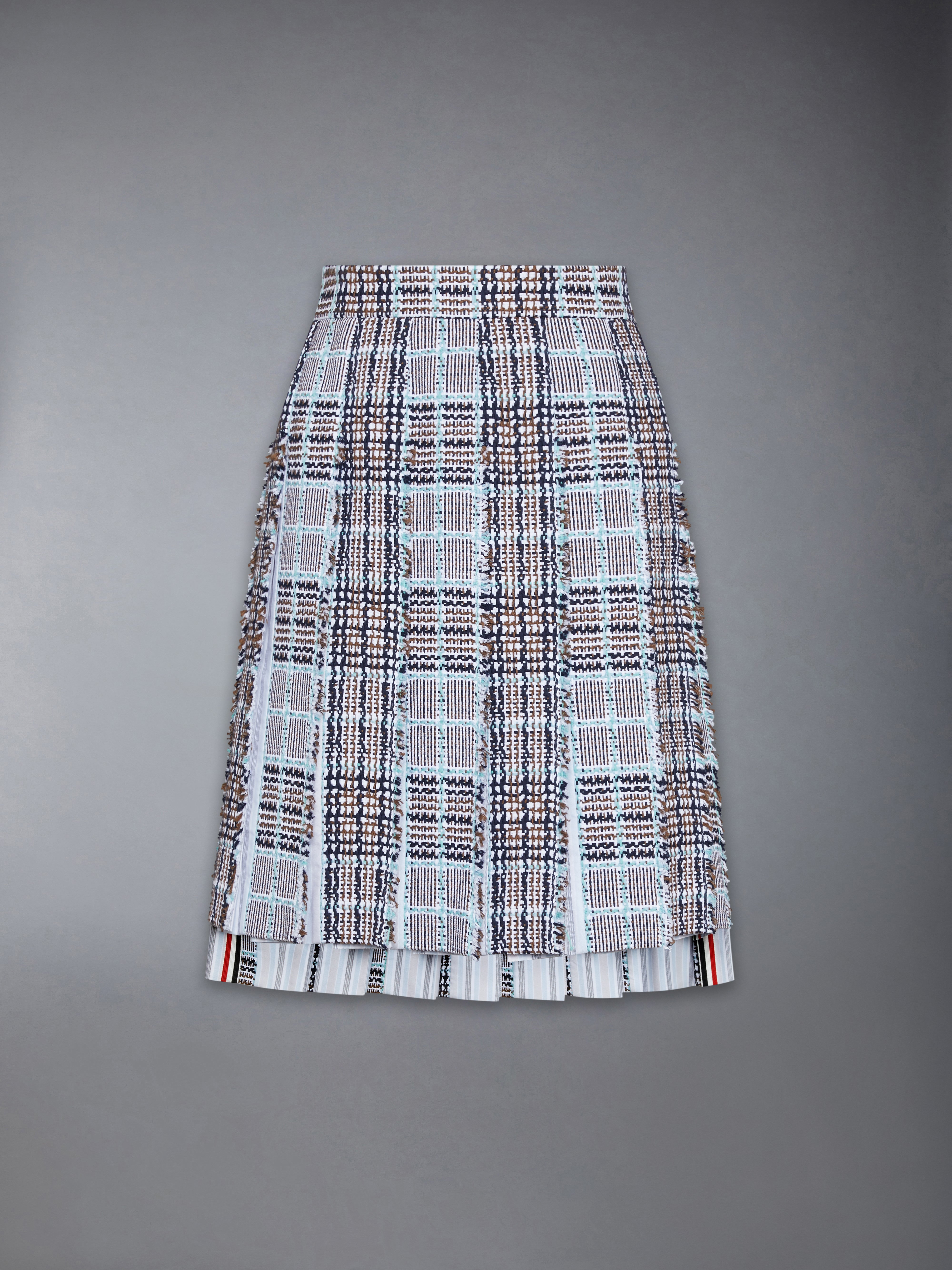 Plaid Check Summer Tweed Frayed Pleated Skirt | Thom Browne