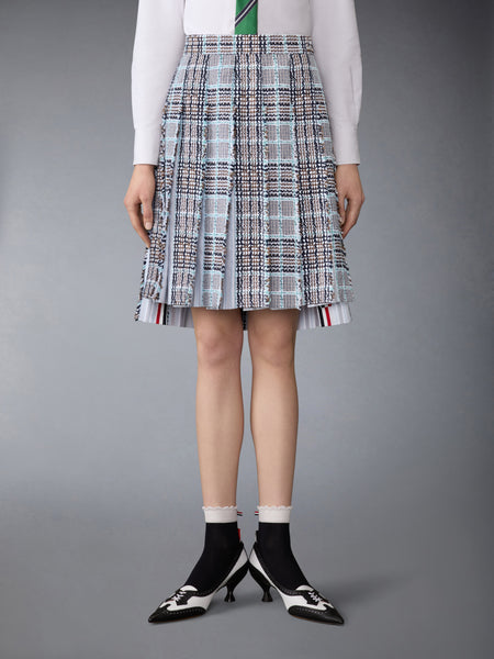 PLAID CHECK SUMMER TWEED FRAYED PLEATED SKIRT SEASONAL MULTI