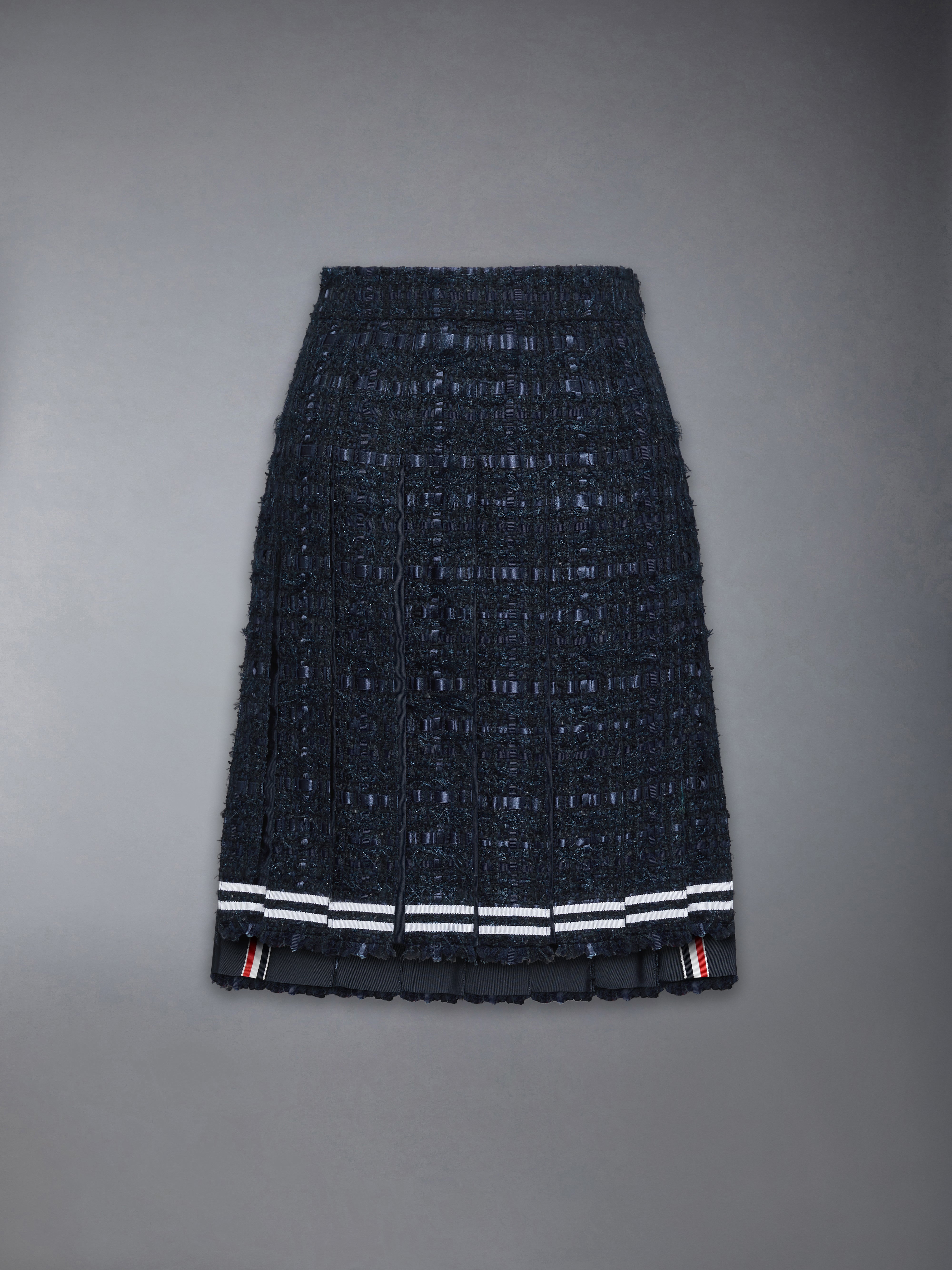 Satin Ribbon Tweed Frayed Pleated Skirt | Thom Browne