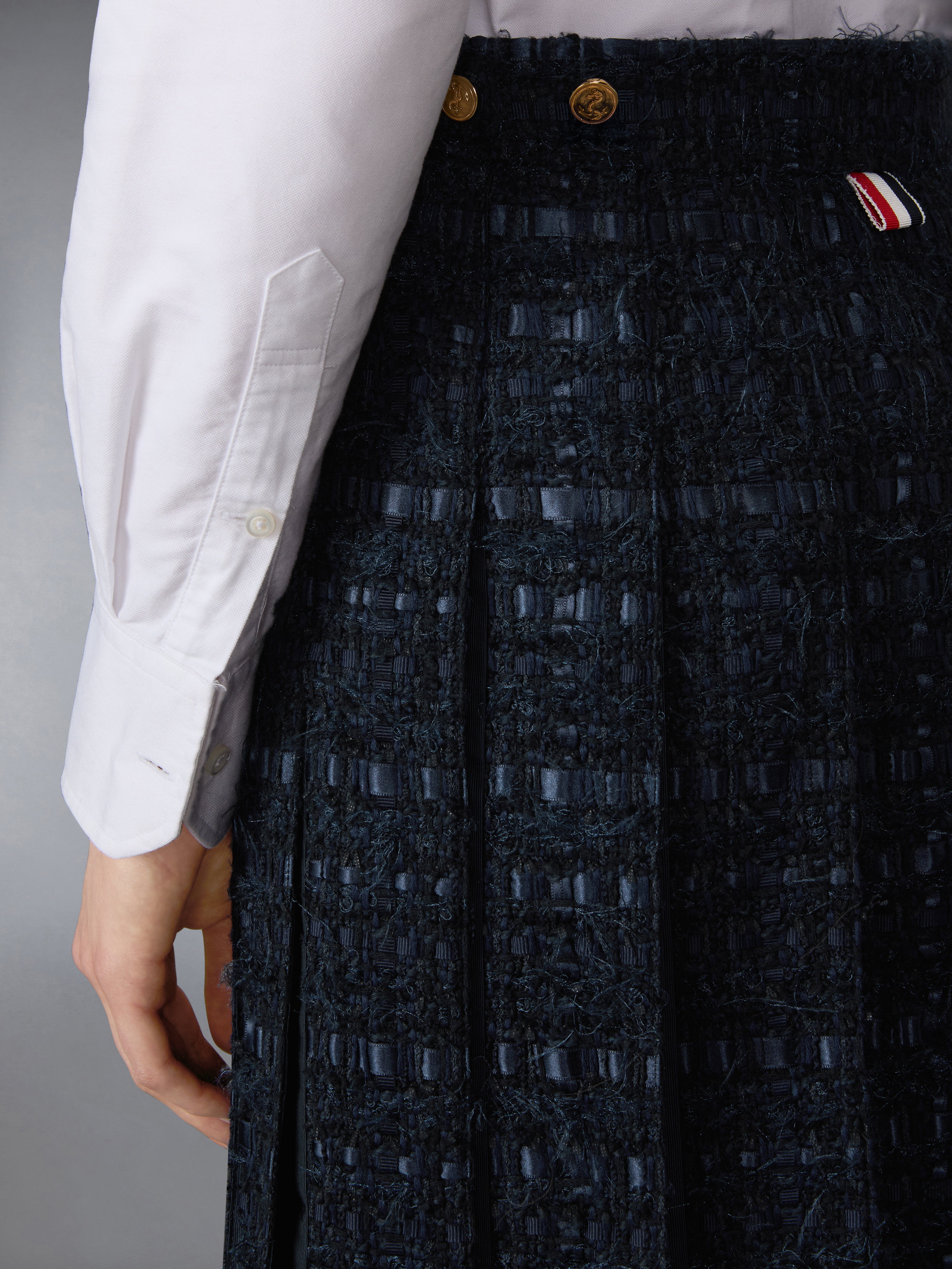 Satin Ribbon Tweed Frayed Pleated Skirt | Thom Browne