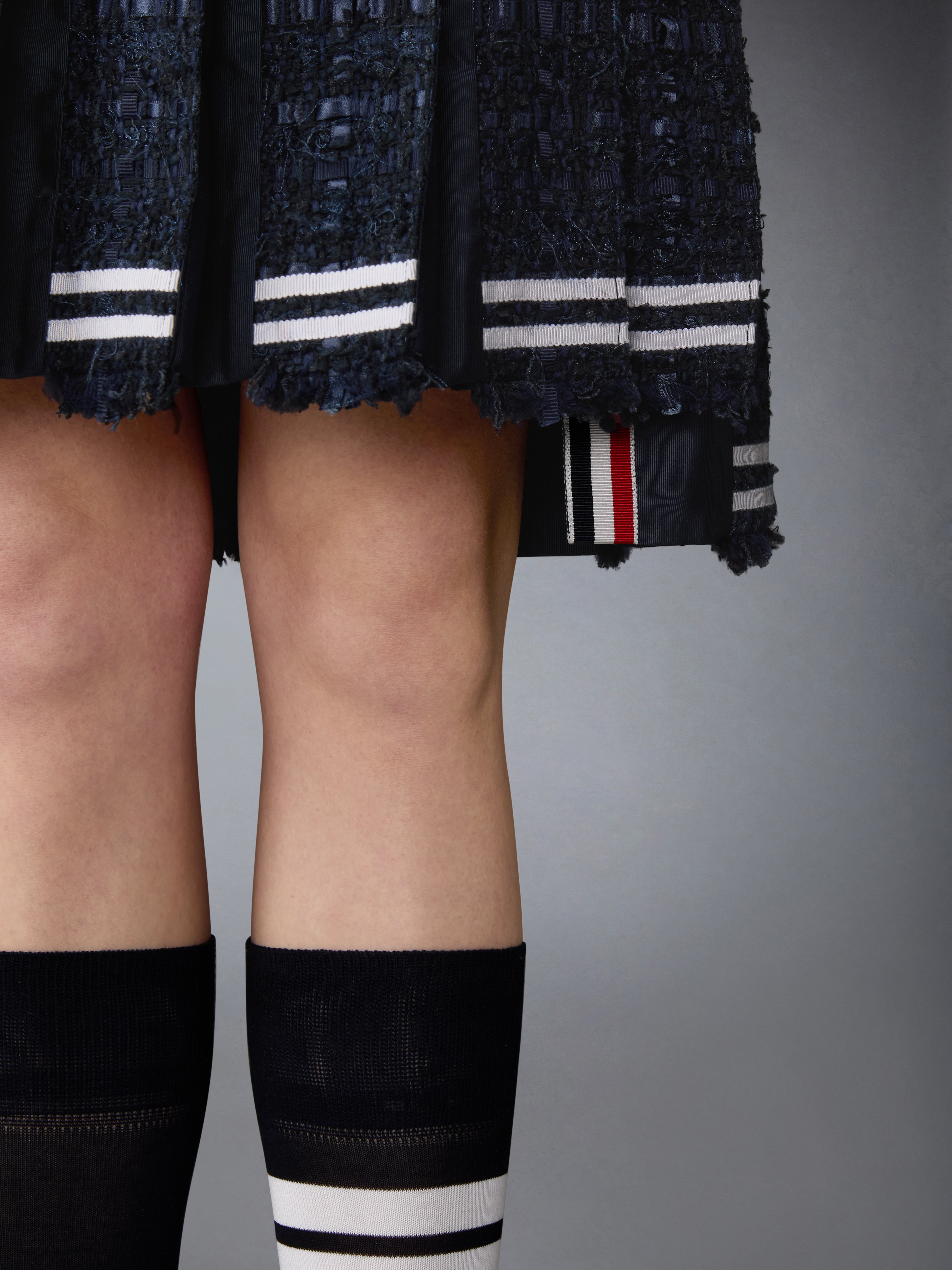 Satin Ribbon Tweed Frayed Pleated Skirt | Thom Browne