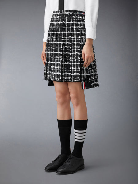 RIBBON TWEED PLEATED SKIRT WITH FRAY EDGE BLACK