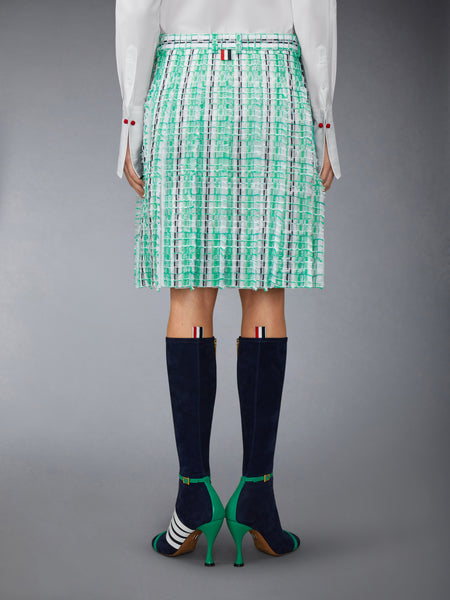STRIPED SHEER TWEED LOW RISE PLEATED SKIRT GREEN