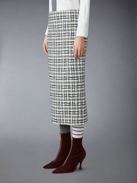 SHEER ORGANZA RIBBON TWEED PENCIL SKIRT WITH FRAY EDGE WHITE