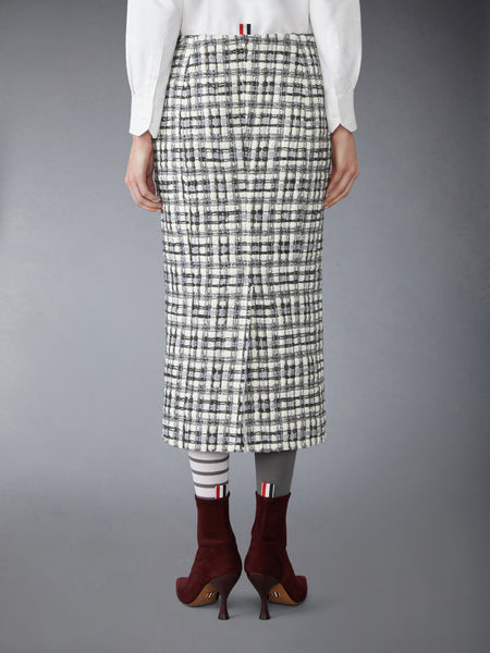 SHEER ORGANZA RIBBON TWEED PENCIL SKIRT WITH FRAY EDGE WHITE
