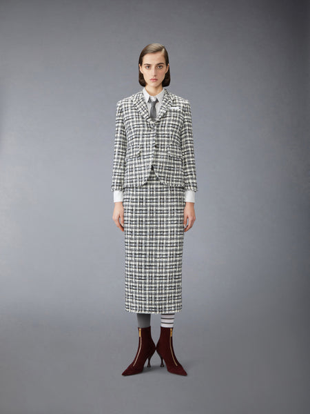 SHEER ORGANZA RIBBON TWEED PENCIL SKIRT WITH FRAY EDGE WHITE