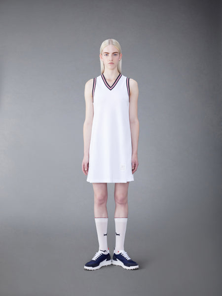 CLASSIC PIQUE STRIPE V-NECK TENNIS DRESS WHITE