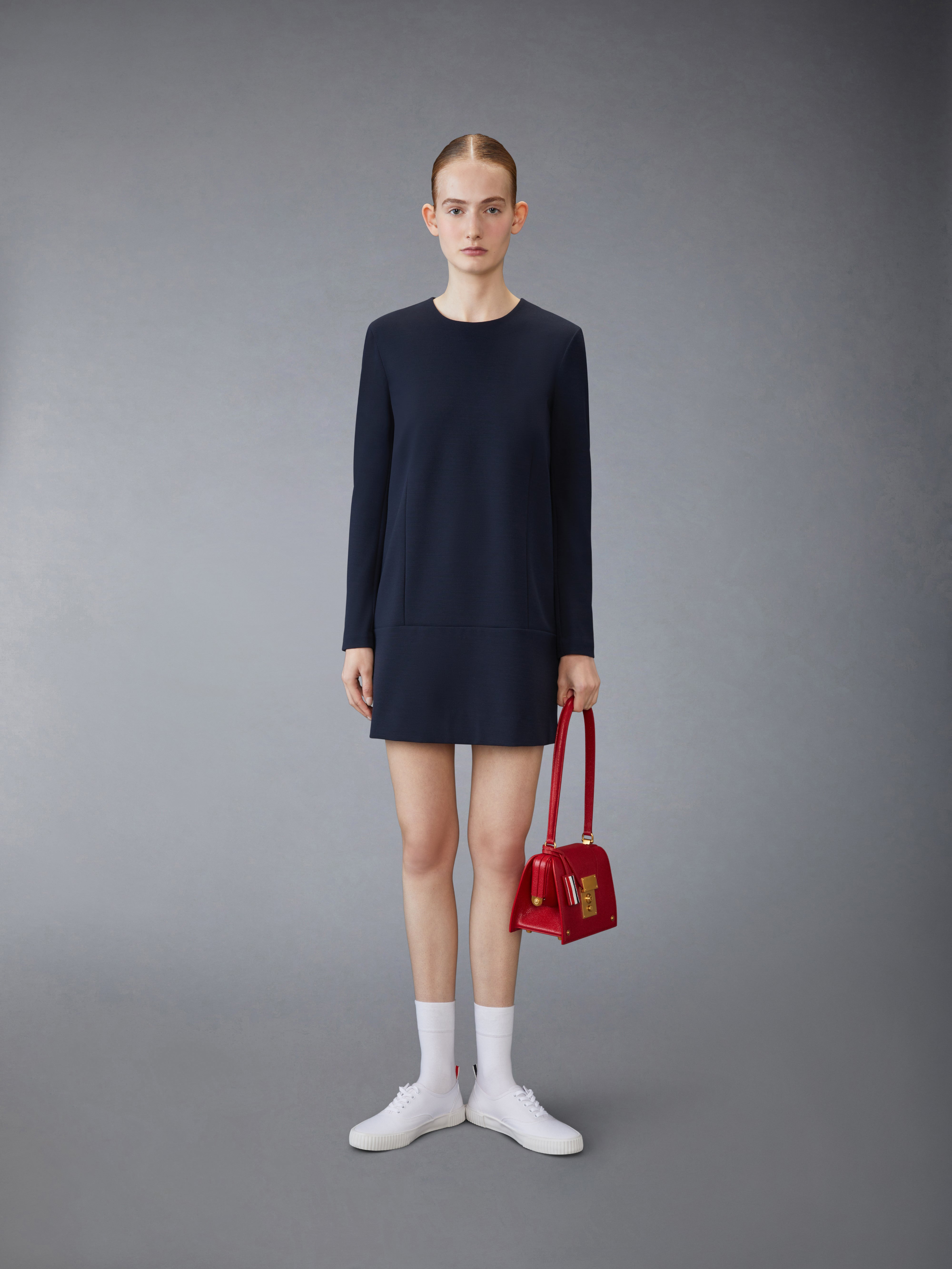 Long Sleeve Mini Shift Dress W/ Gold Anchor Buttons In Wool