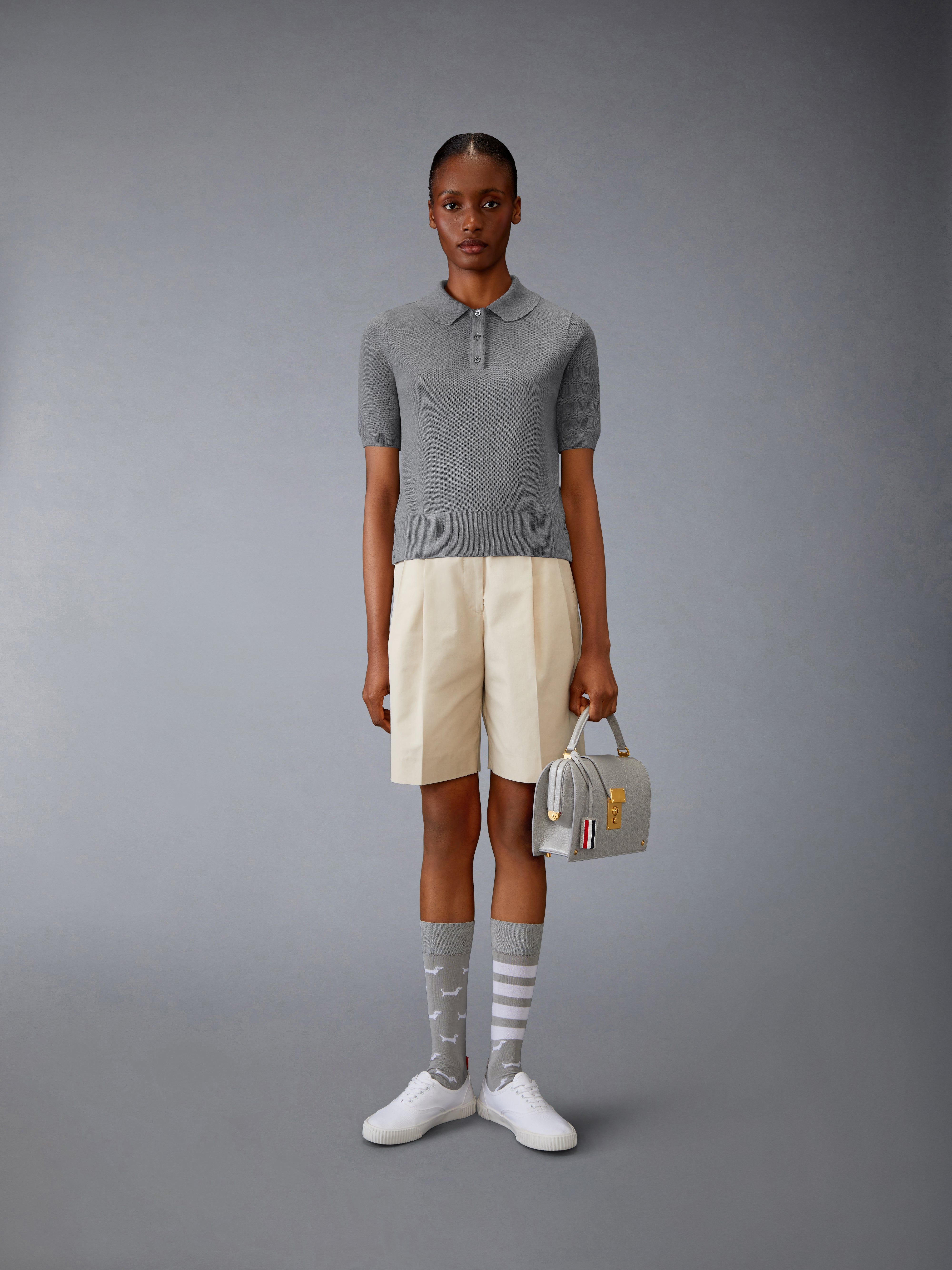 Short Sleeve Round Collar Polo W/ Textured 4 Bar In Silk