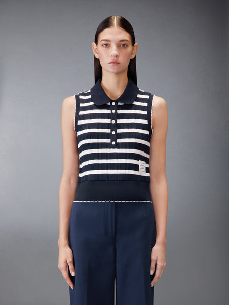STRIPED SCALLOP EDGE SLEEVELESS POLO NAVY