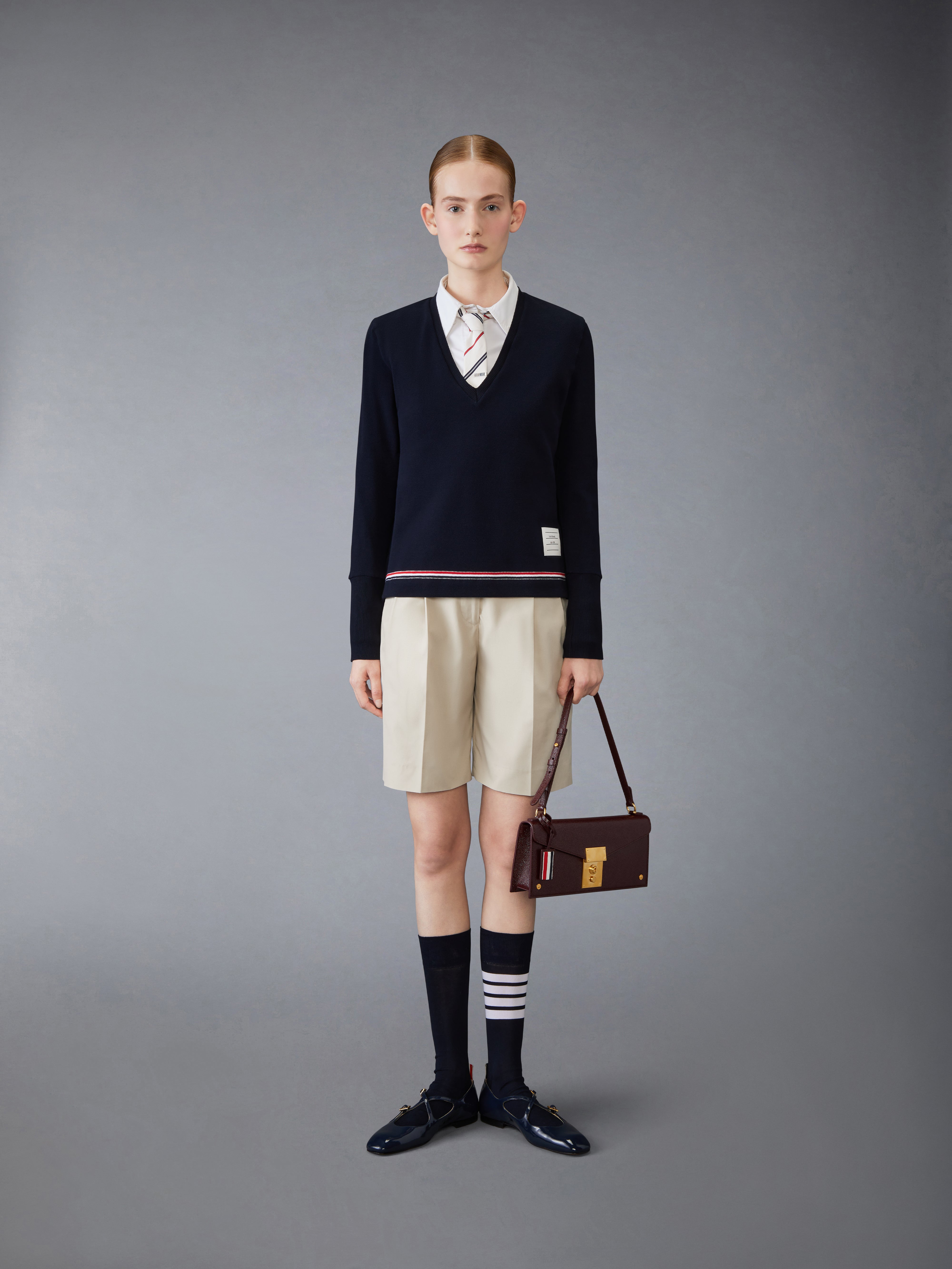 Thom Browne｜ (FJS193A J0185 415) Long Sleeve V Neck Top In Cotton Pique + Eng Rwb Stripe