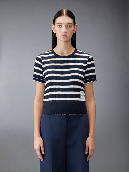 STIRIPED RIB SCALLOP EDGE TEE NAVY