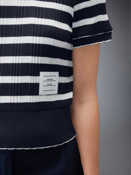 STIRIPED RIB SCALLOP EDGE TEE NAVY