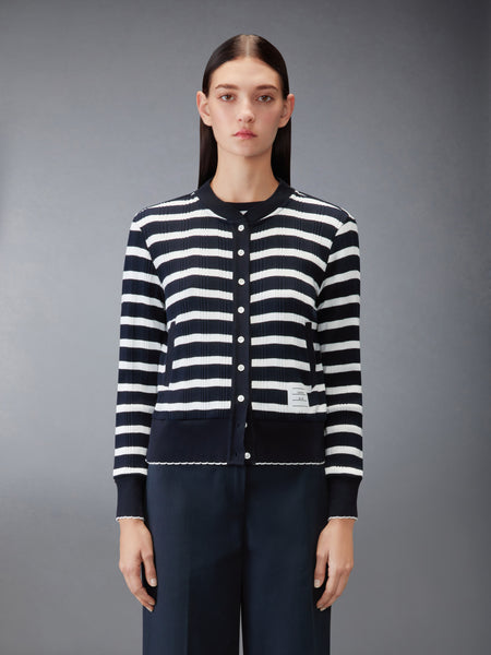 STRIPED RIB SCALLOP EDGE CARDIGAN NAVY