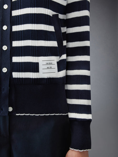 STRIPED RIB SCALLOP EDGE CARDIGAN NAVY