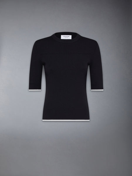 WOOL SILK BLEND TIPPING RIB STITCH CABLE TEE BLACK