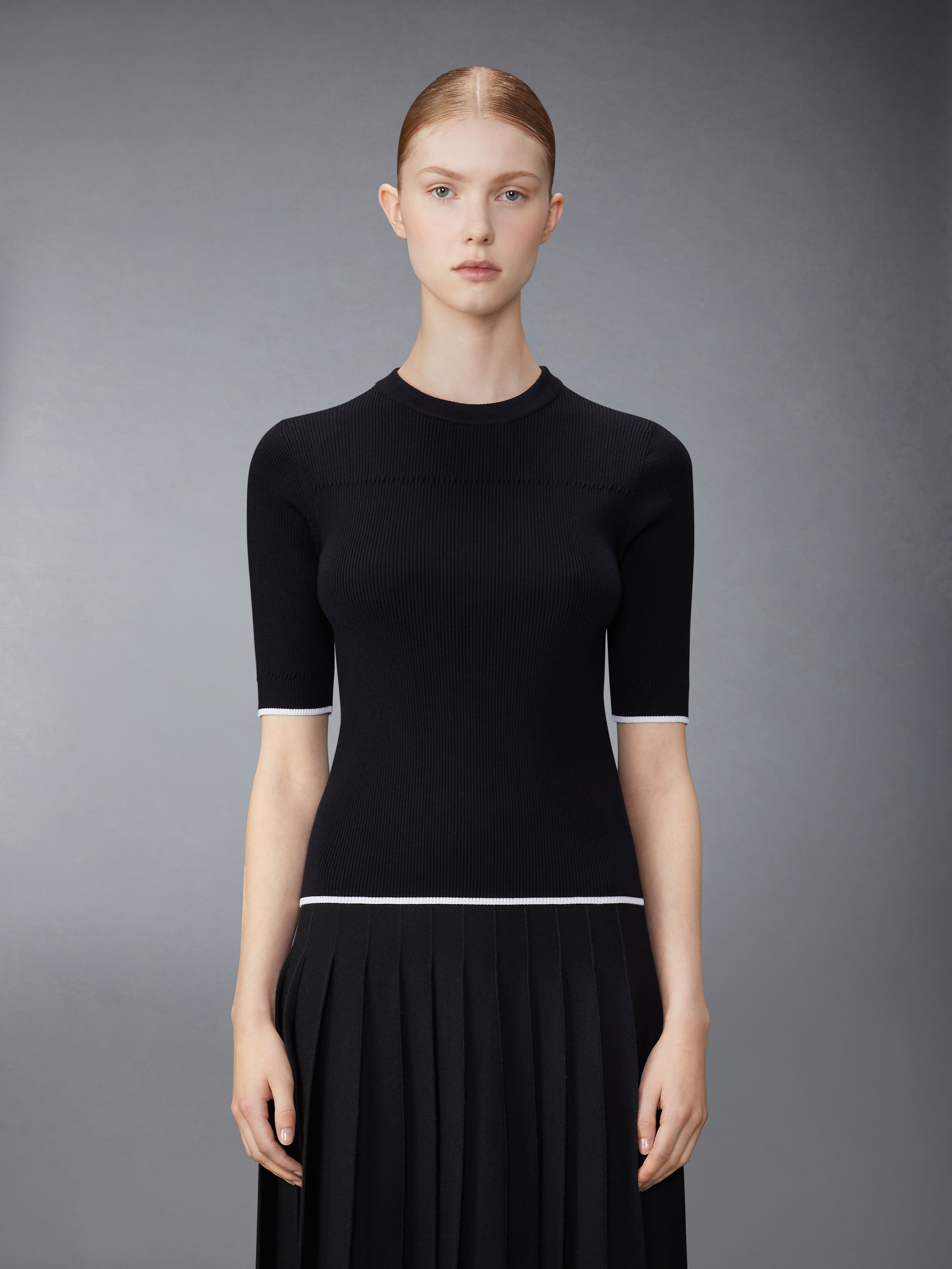 Wool Silk Blend Tipping Rib Stitch Cable Tee | Thom Browne