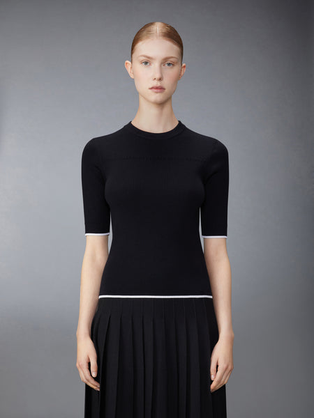 WOOL SILK BLEND TIPPING RIB STITCH CABLE TEE BLACK