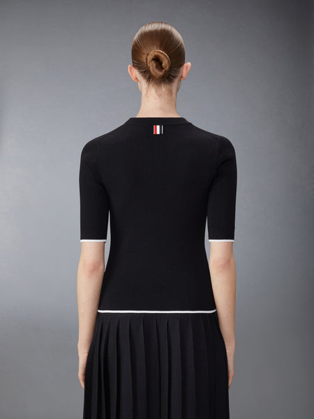 WOOL SILK BLEND TIPPING RIB STITCH CABLE TEE BLACK