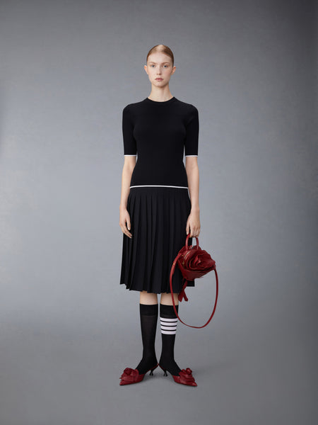 WOOL SILK BLEND TIPPING RIB STITCH CABLE TEE BLACK