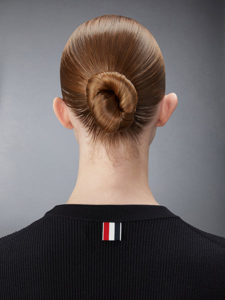 WOOL SILK BLEND TIPPING RIB STITCH CABLE TEE BLACK