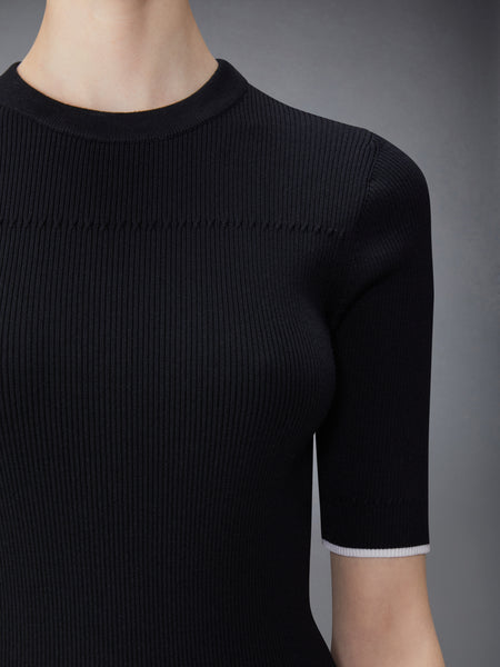 WOOL SILK BLEND TIPPING RIB STITCH CABLE TEE BLACK