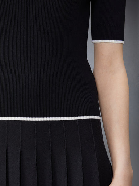 WOOL SILK BLEND TIPPING RIB STITCH CABLE TEE BLACK