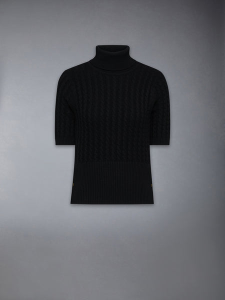 CASHMERE BABY CABLE STITCH SHORT SLEEVE TURTLENECK BLACK