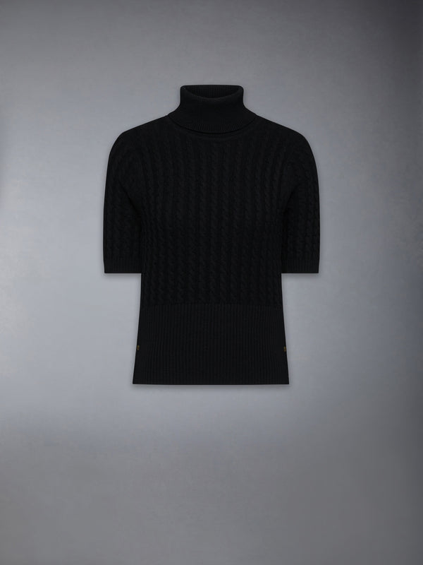 CASHMERE BABY CABLE STITCH SHORT SLEEVE TURTLENECK - featured image