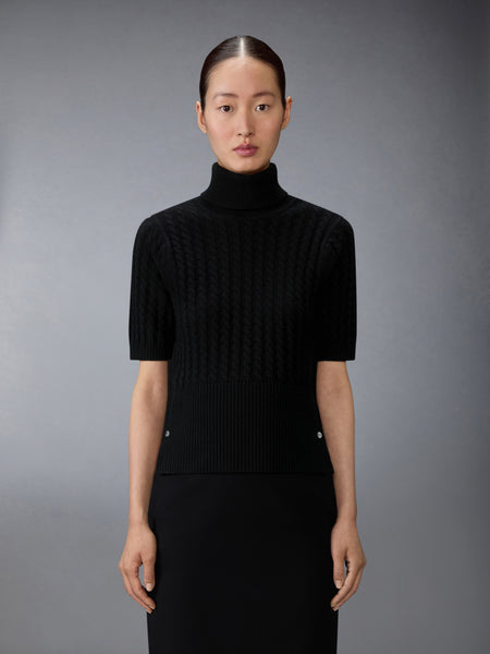 CASHMERE BABY CABLE STITCH SHORT SLEEVE TURTLENECK BLACK