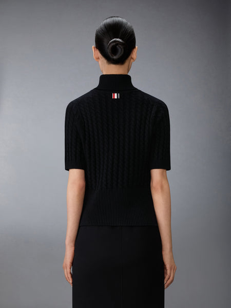 CASHMERE BABY CABLE STITCH SHORT SLEEVE TURTLENECK BLACK