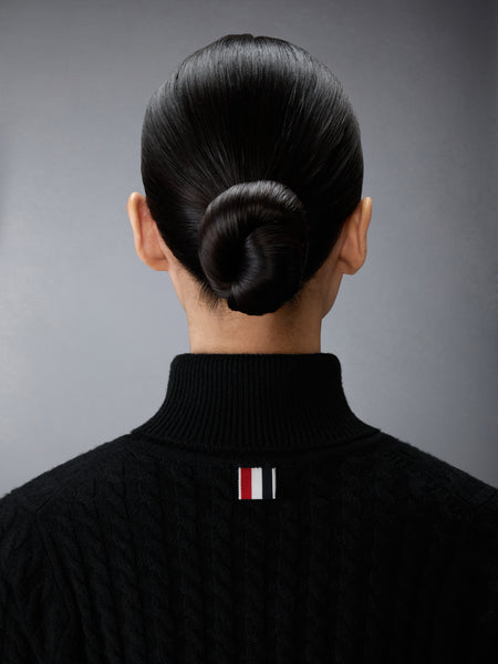 CASHMERE BABY CABLE STITCH SHORT SLEEVE TURTLENECK BLACK