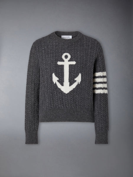 MERINO WOOL 4-BAR INTARSIA ANCHOR PULLOVER DARK GREY