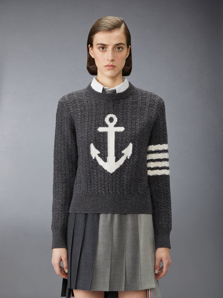 MERINO WOOL 4-BAR INTARSIA ANCHOR PULLOVER DARK GREY