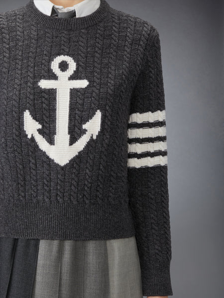 MERINO WOOL 4-BAR INTARSIA ANCHOR PULLOVER DARK GREY