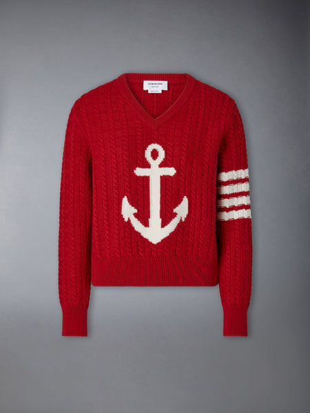 MERINO WOOL 4-BAR INTARSIA ANCHOR PULLOVER RED