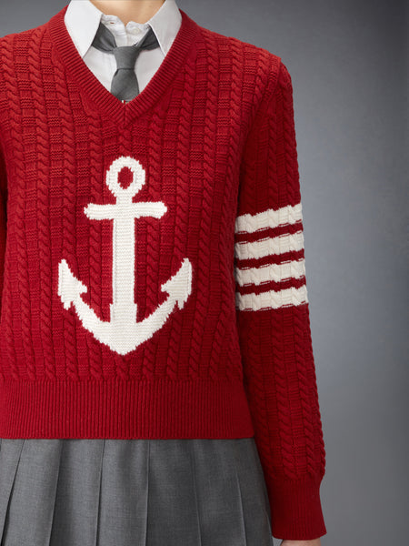 MERINO WOOL 4-BAR INTARSIA ANCHOR PULLOVER RED