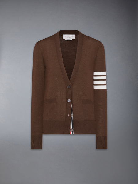 MERINO WOOL 4-BAR RELAXED FIT V-NECK CARDIGAN DARK BROWN